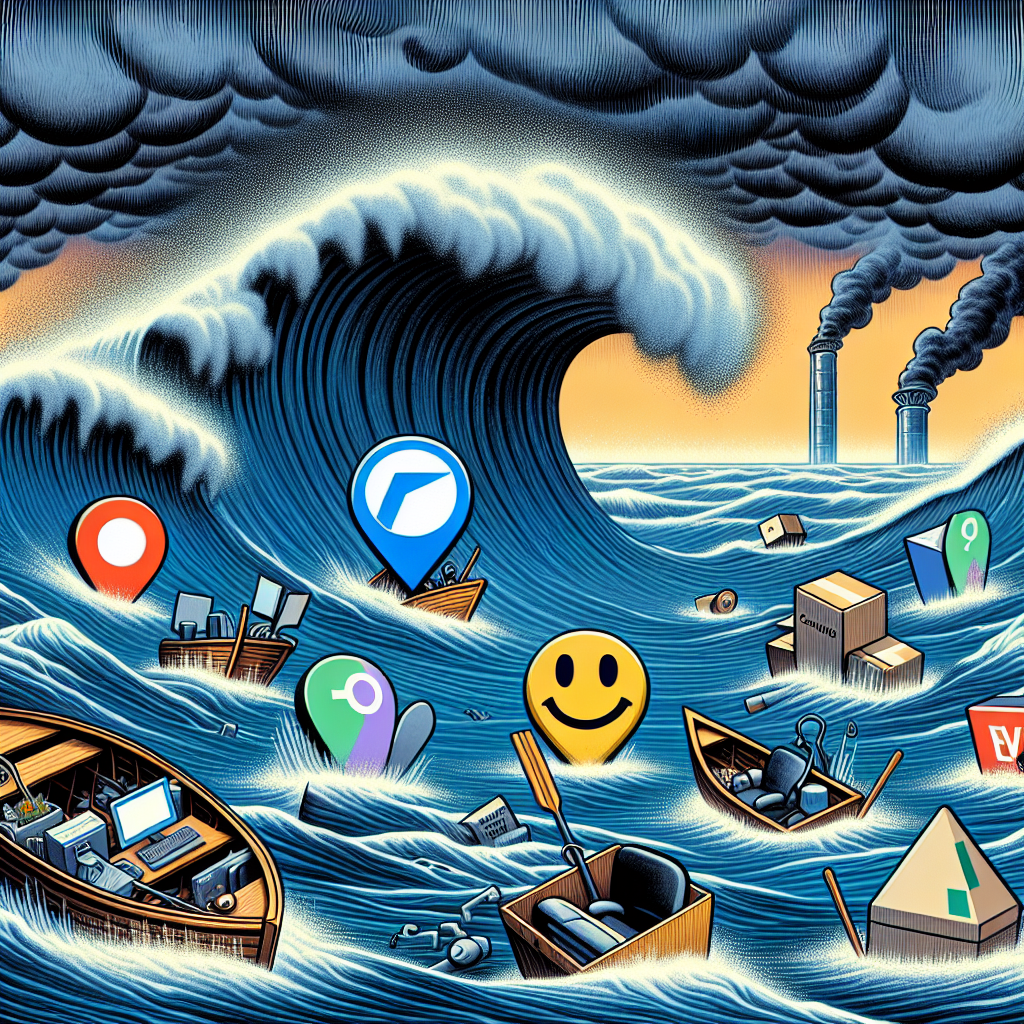 Illustration of a metaphorical scene reflecting the concept of 'Tech Giants Hit Hard'. Depict a stormy sea with huge waves symbolizing the hardships affecting large tech companies. Incorporate symbols representing top tech companies: search and location pin for a search-engine company, a smile-shaped delivery box for an e-commerce platform, an abstract, multi-sided shape for a social media conglomerate, and an electric car for an EV manufacturing corporation. The scene should also embody the concept of 'Mass Layoffs': perhaps leaky boats with company logos are tossing on the waves, and office chairs are floating around, abandoned.