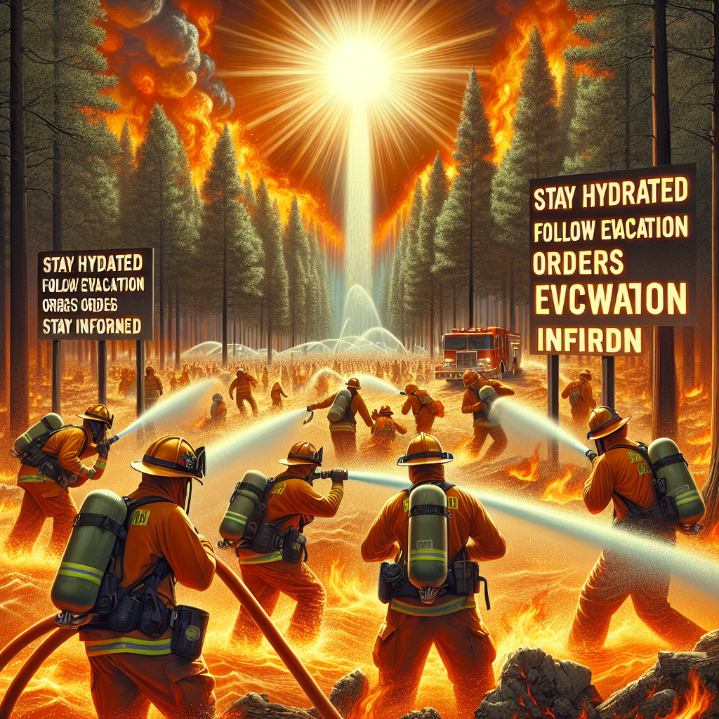 Create a highly detailed scene showing a heavy heatwave rippling through a vast forest under a glaring sun. Vibrant orange and red male and female firefighters of diverse descents (Black, white, Asian, Hispanic) are tirelessly combating the surging wildfires, using fire hoses and digging firebreaks. They're equipped with their protective gear, helmets, and firefighting equipment. Amid the chaos, display key safety tips written in bold, burnt orange letters: 'Stay Hydrated', 'Follow Evacuation Orders', 'Stay Informed'. The atmosphere is tense with the urgency of the situation, underlining the vital importance of the safety measures.