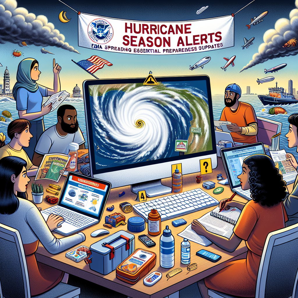 Visualize a scene illustrating FEMA's hurricane season alerts and essential preparedness updates. Picture a weather update displayed on a computer screen, showing an intense hurricane swirling in the Atlantic Ocean. Next to the computer, a diverse group of individuals are keenly studying the update. Among them, a Middle-Eastern woman is pointing towards the hurricane on the screen, while a Hispanic man is busy taking notes, implying the intent of spreading essential preparedness updates. A banner silently hangs on top, saying 'FEMA Hurricane Season Alerts'. An array of emergency supplies like food, water, flashlights, and first aid kits are laid out on the table, indicating the need for preparedness.