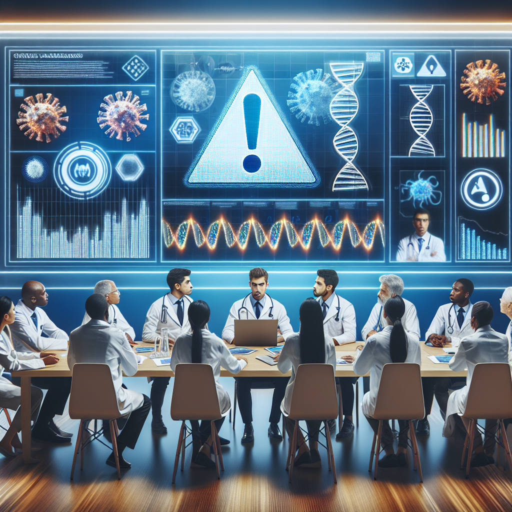 Create an image that represents a medical and health organization issuing an urgent warning about new virus variants. The image should display a frictionless scene where several multi-ethnic scientists are gathered around a table, looking at a large screen showing graphs and charts related to the new virus variants. There should be a visible sense of urgency among the participants, including a South Asian woman, a middle-eastern man, and a Black man. Add an alert symbol or exclamation mark at the top of the screen to signify the urgency. Please include symbols like DNA helix to signify the genetic variations.