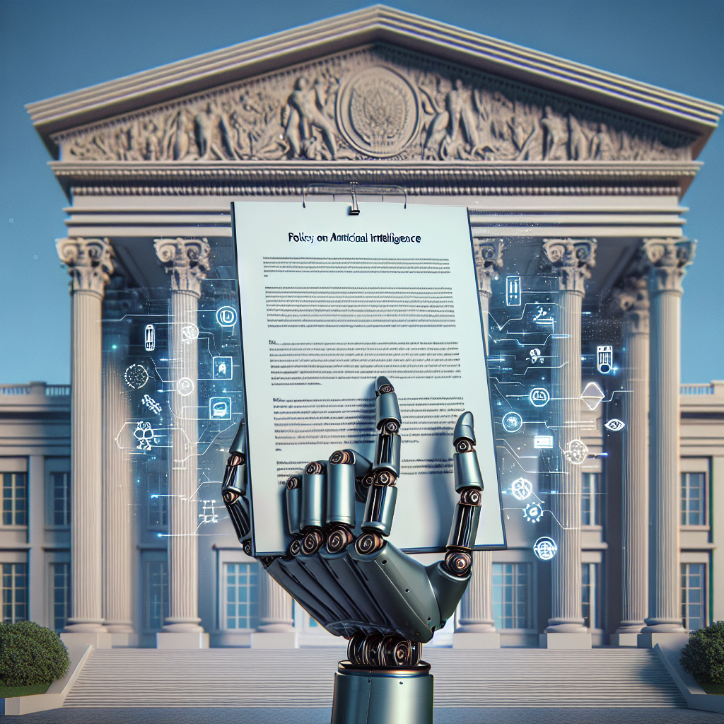 A stately neoclassical-style building, presumably representing a government office of importance, stands proudly under the clear blue sky. Nearby, an elegantly crafted robotic hand holds up a document titled 'Policy on Artificial Intelligence'. The document is filled with snippets of dense text and bullet-pointed regulations. Around, are small, intangible digital icons, representing key concepts of AI such as a neural network, a robotic gear, a microchip, and a binary code. The scene suggests the unveiling of key regulations related to AI by a prominent government body.