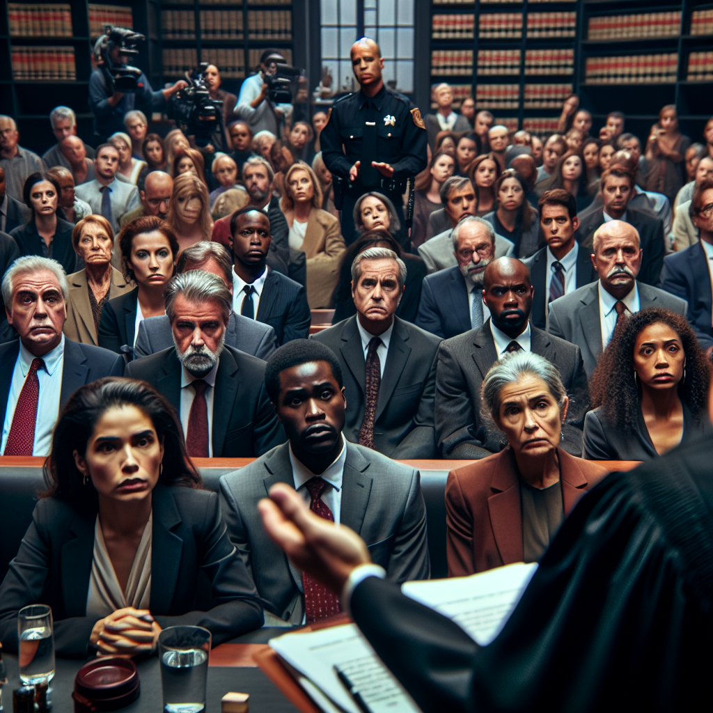 An intense scene in a crowded courtroom where a high-profile criminal trial is commencing. The people inside the courtroom comprise individuals of various genders, and descents such as Caucasian, Hispanic, Middle-Eastern, Black, and South Asian. Display a diverse range of emotions on their faces reflecting the gravity of the situation. Focus on the judge, middle-aged Hispanic man, serious and stern, presiding over the proceedings. Capture the defense attorney, a young African woman arguing passionately for her client. Include glimpses such as the furrowed brows of the jury or the alert eyes of the press. Above all, illustrate the palpable tension of awaiting a verdict.