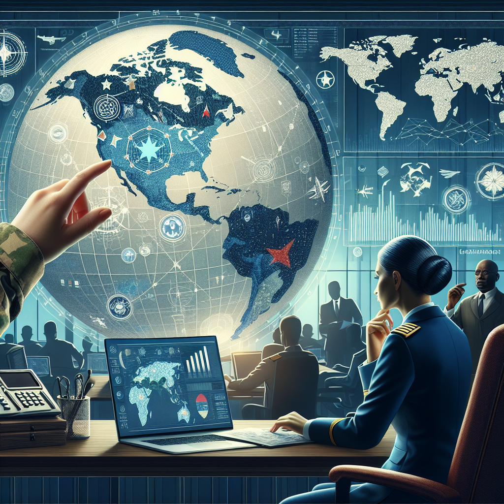 A detailed illustration of a globe with symbolic representations of various geographical locations. Display an office setup on the side with a white woman in a military uniform studying the globe and making strategic decisions. She's surrounded by various elements typical of strategic planning, like a laptop displaying data analytics and a wall chart showing global military aid allocations. In the background, a black man in a civil attire is in thoughtful contemplation. The atmosphere in the room is serious, representing the gravity of decisions regarding global security.