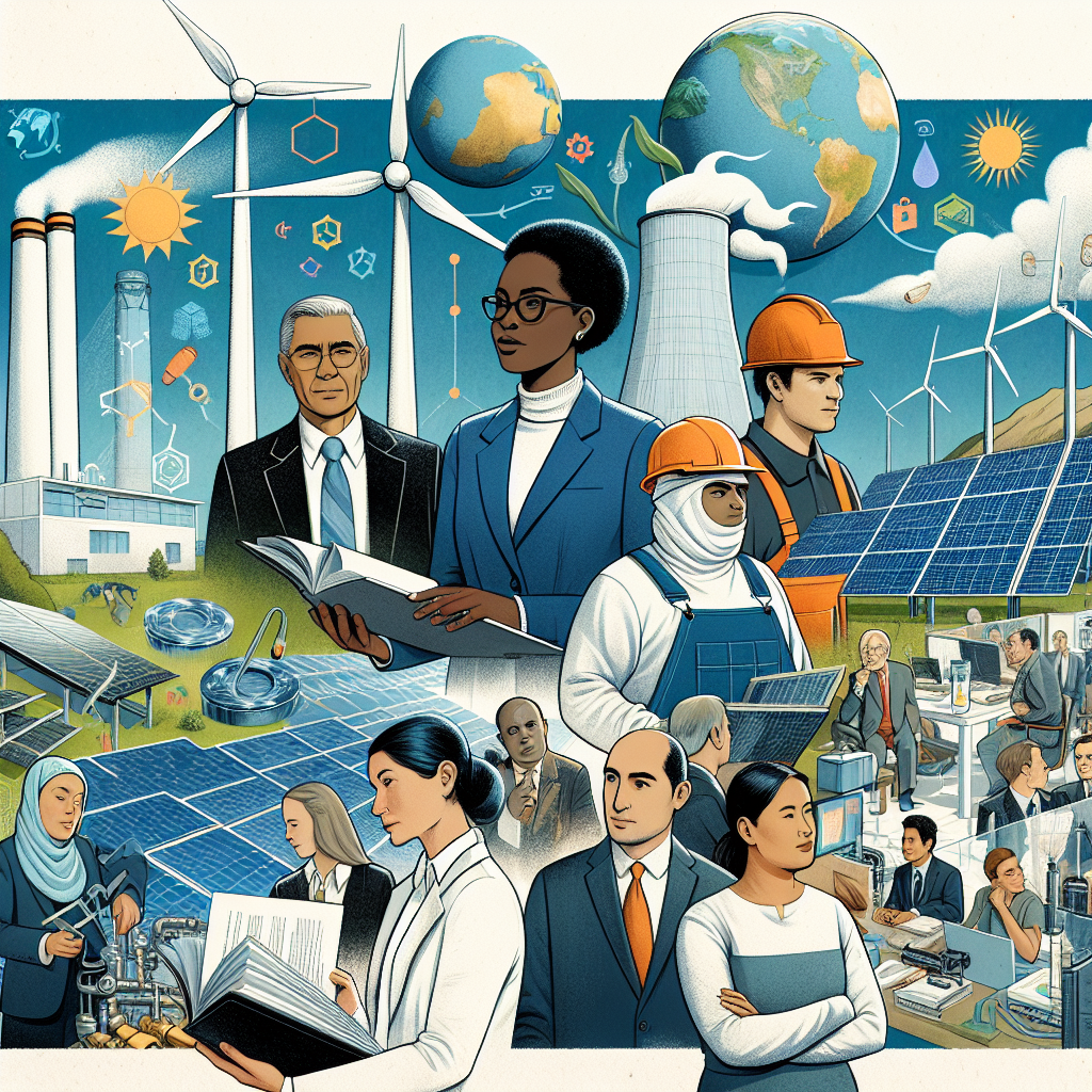 Illustrate a conceptual image reflecting clean energy investments. Include renewable energy sources like solar panels, wind turbines, and hydroelectric dams. Additionally, depict individuals from different descents and genders, such as a Black woman wearing a business suit, a South Asian man in worker's attire, and a Hispanic woman in a lab coat, representing various roles in the industry. Overlay this with a backdrop of legislation documents and symbols of global climate with a focus on green and sustainability. Remember the art style should be true to life.