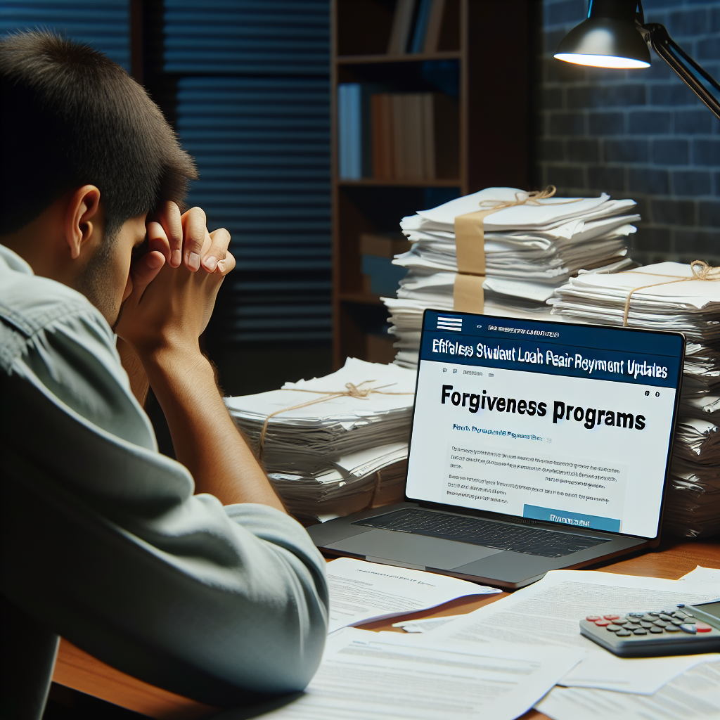 Imagine a person of Hispanic descent who is stressed while looking at a pile of paperwork related to student loan repayments on a desk. On the same table, a laptop displays a webpage with heading: 'Forgiveness Programs: Effortless Student Loan Repayment Updates'. The room has a study atmosphere with a table lamp shedding light on the papers. The feeling of relief is evident when the person reads about the forgiveness program on the laptop.