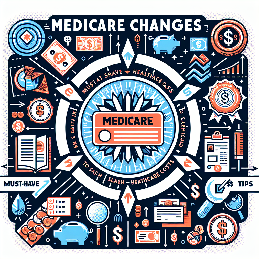 An informative illustration for a detailed article about changes in Medicare. Display a large, complex infographic that highlights crucial points and provides tips to decrease healthcare expenses. At the center, depict a symbolic Medicare card. Radiating from it, are lines leading to various pictograms including a piggy bank, an arrow trending down, a paper with a check mark, a magnifying glass scanning documents, and a dollar sign. All under a title banner reading 'Medicare Changes: Must-Have Tips to Slash Healthcare Costs.'