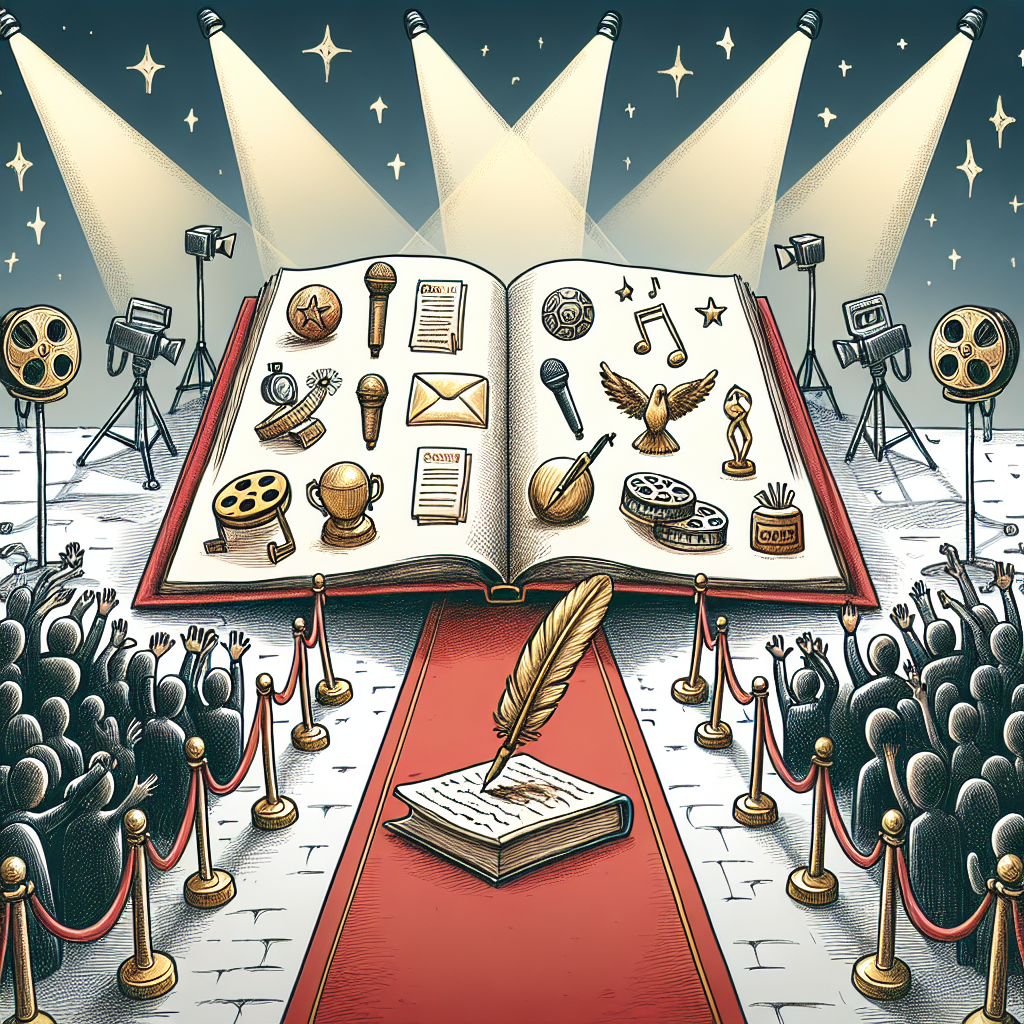 Draw an evocative scene representing the concept of 'celebrity milestones'. Show a red carpet leading to a grand stage under bright spotlights. On stage, show an open, golden book with the pages symbolizing the famous milestones, and a large quill pen writing on it. Scattered around the stage, display symbols of various achievements, such as film reels, music notes, microphones, and sports tropes. Include a cheering crowd beyond the barriers on both sides of the red carpet, with flashing cameras. However, do not depict specific individuals or celebrities.