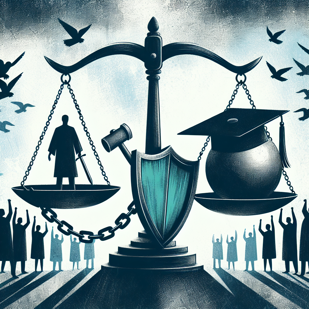 Create an illustrative interpretation of some of the central themes described - an abstract concept drawing representing 'choice', 'protection', and 'debt'. This will include 1) a silhouetted figure weighing scales, symbolizing the idea of making important decisions, 2) a shield against projected threats or danger for representation of safety, and 3) a heavy ball chained to a diploma, indicating the burden of student debt. The background should have figures that represent the passage of time to indicate 'updates'. Ensure the image is not depicting any specific individual or recognizable place.