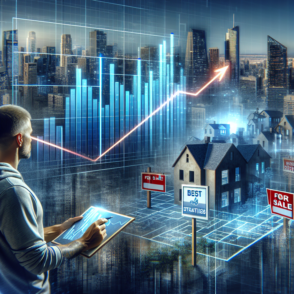 Illustrate a dynamic representation of the US housing market crisis in the midst of an urban city. The foreground is dominated by a substantial increase in the mortgage rates shown via a rising graph line against a backdrop of cityscape with for sale signboards. Also, an anonymous individual in casual attire is focusing on a roadmap with marks indicating 'best strategies' to deal with the crisis. The mood is tense, yet hopeful, and the color scheme leans towards cooler shades of blue and grey to symbolize the crisis, but with some warm color accents to imply optimism.