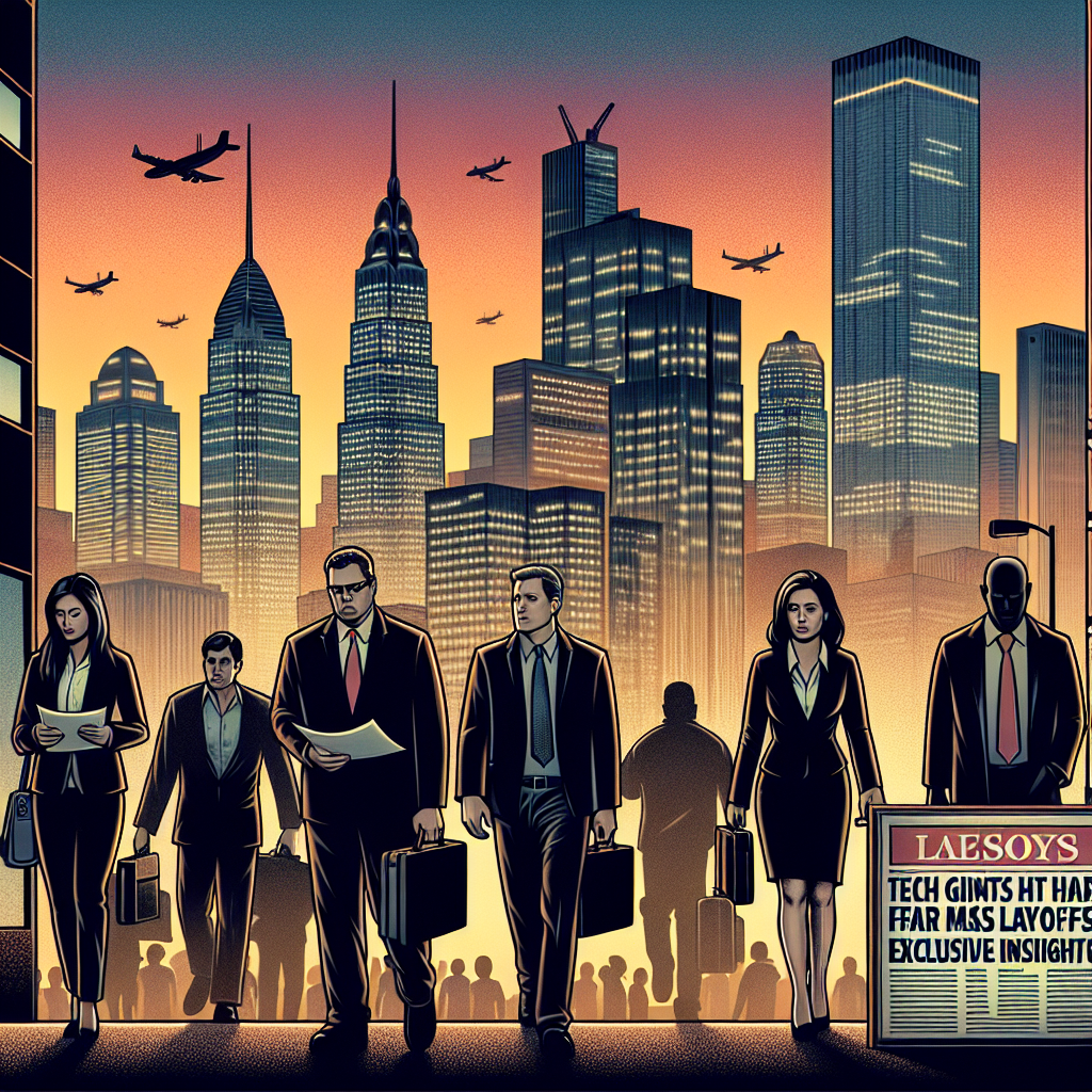 Depict an urban skyline at dusk, dominated by towering skyscrapers displaying the logos of big tech companies. At ground level, a mix of businessmen and businesswomen with faces of determination, heavy briefcases in hand, walk out from these skyscrapers. They are of various descents including Caucasian, Hispanic, Black, Middle-Eastern, and South Asian. In the forefront, a newspaper headline reads, 'Tech Giants Hit Hard by Mass Layoffs: Exclusive Insights', capturing the somber mood against the sunset-tinged city backdrop.