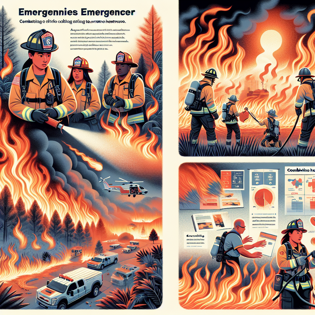 An illustration that encapsulates the urgency and challenges faced during wildfire emergencies and combating extreme heatwaves. The image should show a diverse group of firefighters, including a Hispanic woman and a South Asian man, bravely battling a raging inferno, with blazing trees and smoke around them. They should be equipped with firefighting gear such as helmets, extinguishers, and hoses. Another part of the image should highlight strategies used in such situations, like creating a fire break. Sweltering heat and an orange-red glow pervading the scene should communicate the intensity of the extreme heatwave.