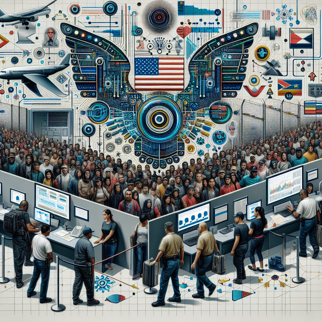 An intricate composition representing changes in modern border security. Display an abstract visualization of technological advancements such as biometric systems and high-end surveillance cameras juxtaposed against a simplified layout of the United States border. Further, portray an immigration office bustling with activity, with people of various descents such as Hispanic, Caucasian, Black, South Asian, and Middle-Eastern, all equally treated, and gender distributed evenly across the scene representing the migrants. Add in the background elements symbolizing improved procedures, such as streamlined paperwork, digital screens displaying multi-lingual aid guides, and symbols of positive change.