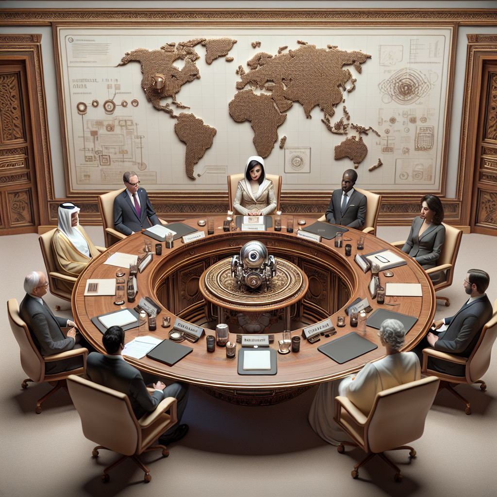 A detailed depiction of a symbolic meeting room, with an elegant wooden round table at its heart. Seated around this table are government representatives of various descents: a Middle-Eastern woman, a South-Asian man and a Caucasian woman. They're holding a discussion on artificial intelligence regulation. On the table there are documents, digital tablets and an AI model robot standing as a centerpiece. The walls of the room are adorned with maps and technology diagrams. Keep the setting grand but neutral, highlighting the importance of this topic globally.