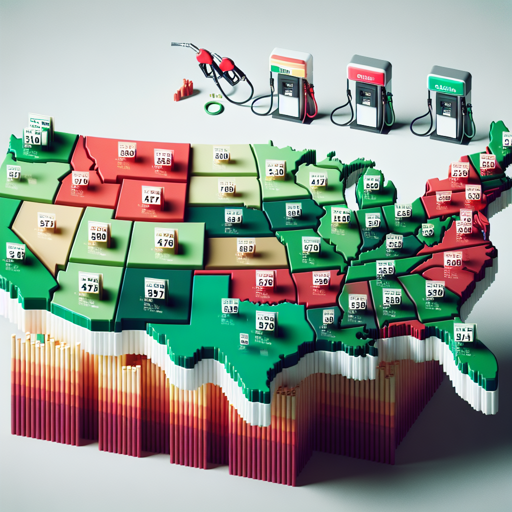 An engaging visualization depicting the fluctuating gas prices in the United States. The image should include a detailed map of the U.S., with each state highlighting gas prices using a gradient of colors ranging from green (for lowest prices) to red (for highest prices). The map could be adorned with 3D-style gas pumps, representing the prevalence of the oil industry across the nation. Also incorporate a bar chart symbolizing historic gas price trends alongside the map. The information should be clear and easy to understand, serving as an insightful resource for anyone looking to strategize for affordability.