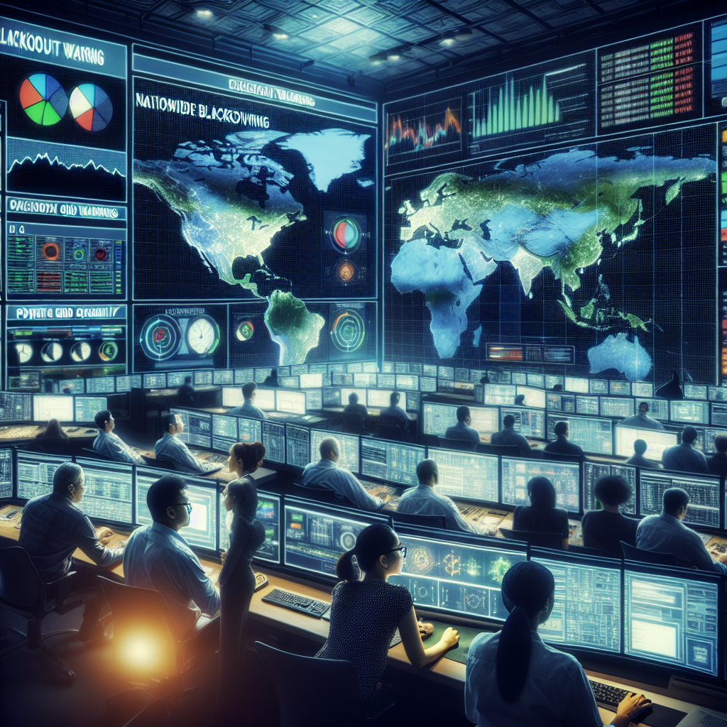 Visualise a scene depicting the concept of nationwide blackout warnings. The scene involves an intense and busy control room, filled with dedicated professionals tirelessly working. The diverse team includes a Caucasian male operator focused on a massive digital map, a South Asian female engineer analyzing data on power grid stability, and a Hispanic male supervisor overseeing the operations. The room is filled with multiple monitors, dynamic charts and graphs indicating power flow across the nation. Graphics on screens should imply potential risks of grid failures and a map showing areas of blackout warnings.