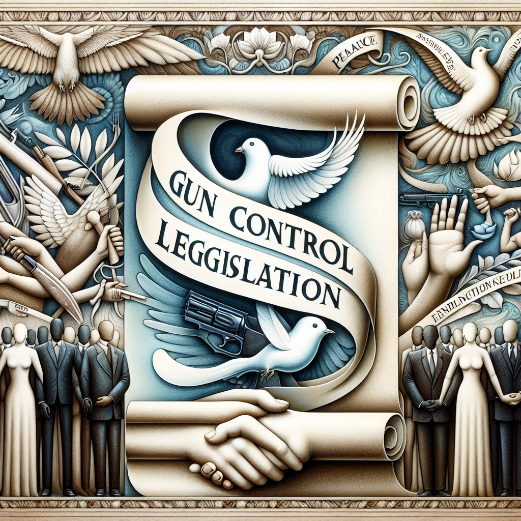 An intricately designed image that represents the theme of gun control legislation, portraying an abridged scroll revealing the bold texts 'Gun Control Legislation'. Next to the scroll is a blend of visual elements symbolizing peace such as a white dove and olive branch, subtly combined with elements depicting enforcement such as a gavel, contrasted with a firm handshake to signify agreement. The backdrop encompasses soft hues of blue and white, representing tranquility and calm, with a line of human figures holding hands to mark unity, displaying varying genders and descents such as Caucasian, Hispanic, Black, Middle-Eastern, South Asian, and White.