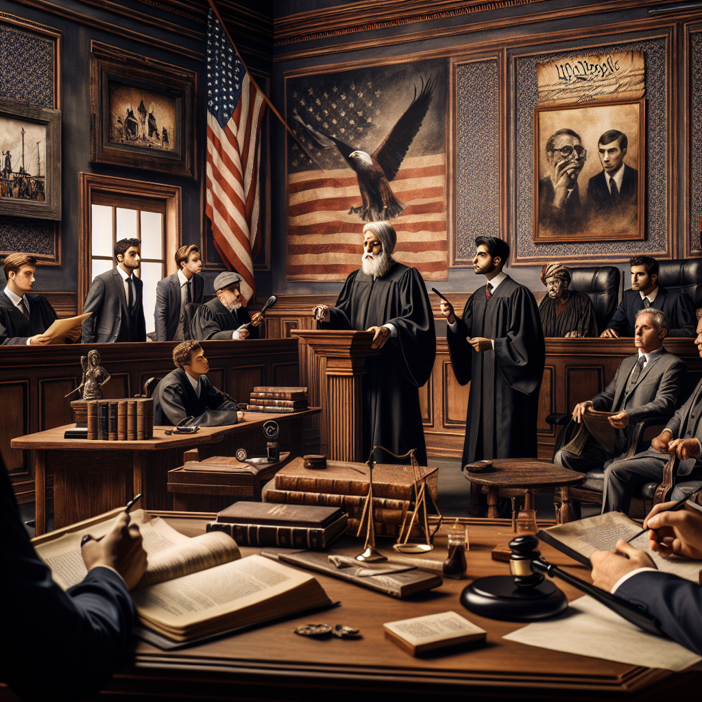 A dramatic courtroom scene featuring a judge of South Asian descent in a black robe, a Caucasian defence attorney presenting his case, a Middle-Eastern prosecutor questioning a witness, and a diverse group of jurors, some of them writing notes, all situated in a grand courtroom, with a large American flag on the wall. The court case is represented as a heated debate, with a shared sense of concern and high stakes. A rustic, well-worn copy of the American constitution sits prominently on the desk, while on the wall, historical images of interesting court verdicts hang like reminders of the judiciary's past.
