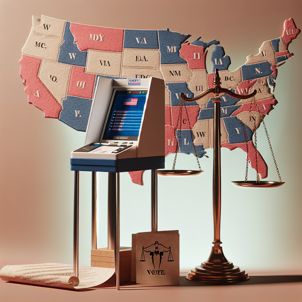 An image representing the concept of voting law changes in the United States. The scene includes a voting booth with a modern touchscreen voting machine, redesigned for increased transparency and ease of use, placed against the backdrop of a map showing the different states of the US. Also represented is a balanced scale signifying justice and a document symbolizing the new laws. The scene aims to evoke the process of continued democratic evolution and improvement, without indicating any bias towards any political party.