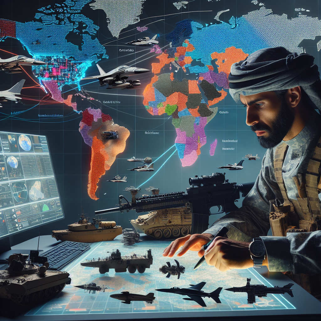 An interactive global map highlighting various regions of the world in different colors, symbolizing areas of strategic military aid by the U.S. Show unrelated countries in gray. Scatter pieces of various military equipment such as jets, tanks, and naval vessels across the highlighted regions according to known U.S. military aid data. Also, include some iconic landmarks for each region to represent its cultural identity. In the foreground, place a fine looking middle-aged Middle Eastern male working on a digital table with a stylus, analyzing these military strategies. The atmosphere is serious and focused, reflecting the thematic gravity of global security.