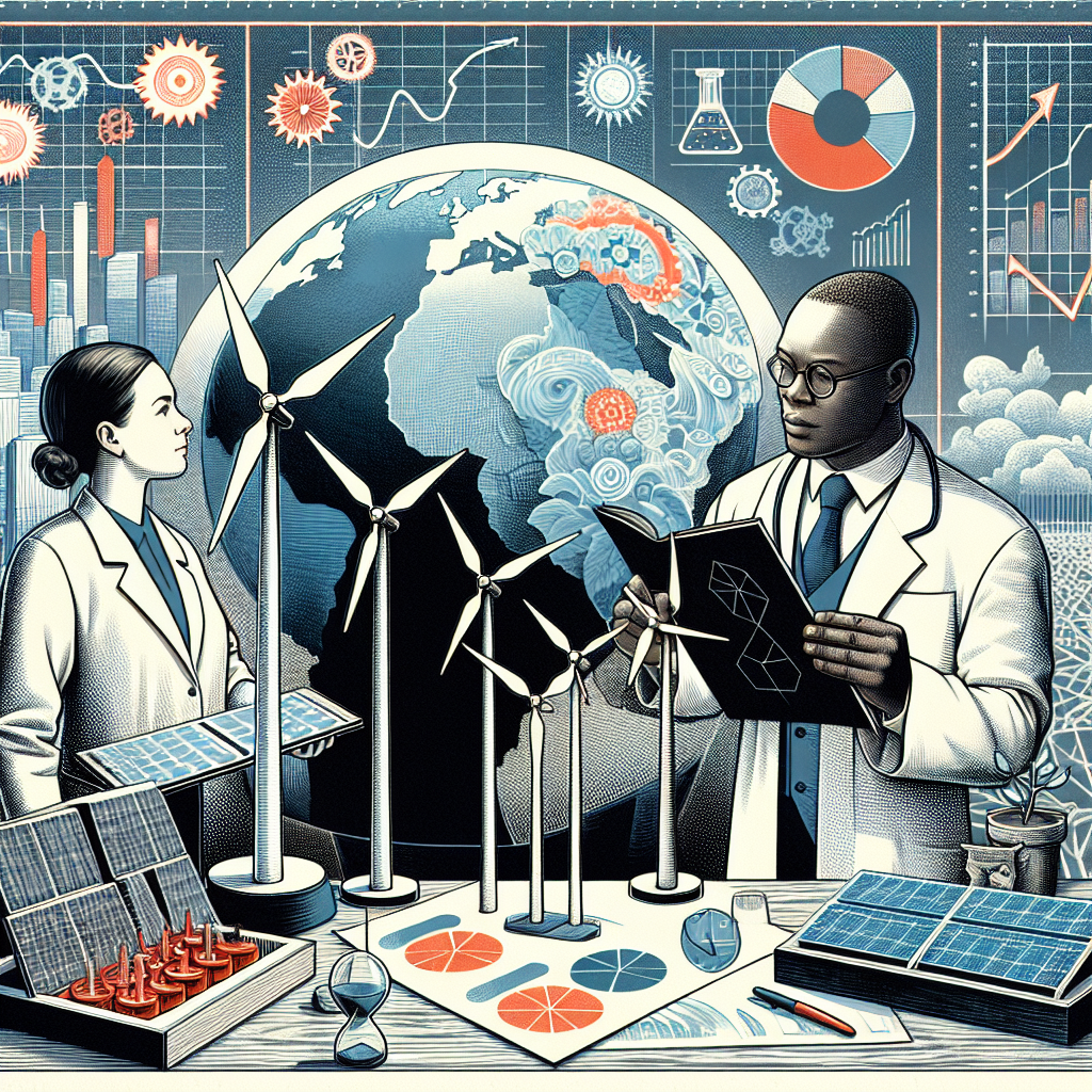 An intricate illustration consistent with the topic: clean energy investments and their role in climate change legislation. The scene may include a Caucasian male legislator in formal attire, holding a large windmill model to signify wind energy. Situated on the left, a black female scientist in a lab coat, scrutinizing a solar panel model. Around them, multiple blueprints and charts contrasting renewable and non-renewable energy resources, to symbolise investment strategies. In the backdrop, a symbolic representation of the globe showing clean and green environment on one side, and polluted, grey environment on the other, to signify the impact of climate change.