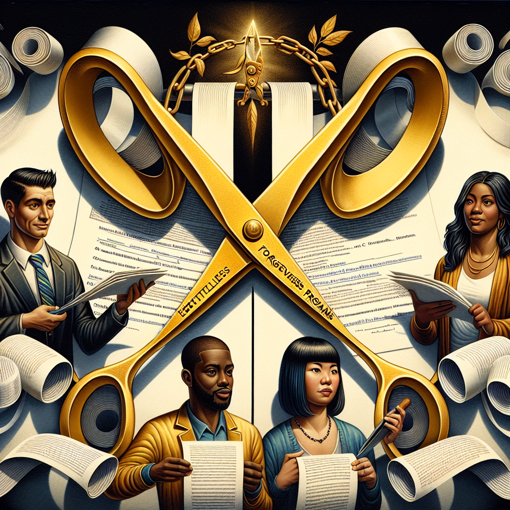 An intriguing and highly detailed image showcasing four different people, each representing a diverse descent i.e., Hispanic, Caucasian, South Asian and Black, with balanced gender representation. They all appear to be engaged in various occupations like teacher, engineer, artist, and nurse. Above them, an oversized pair of golden scissors cuts through a chain of paper scrolls, each scroll representing a student loan. The scissor is emblazoned with the words 'Effortless Forgiveness Programs' glowing brightly.