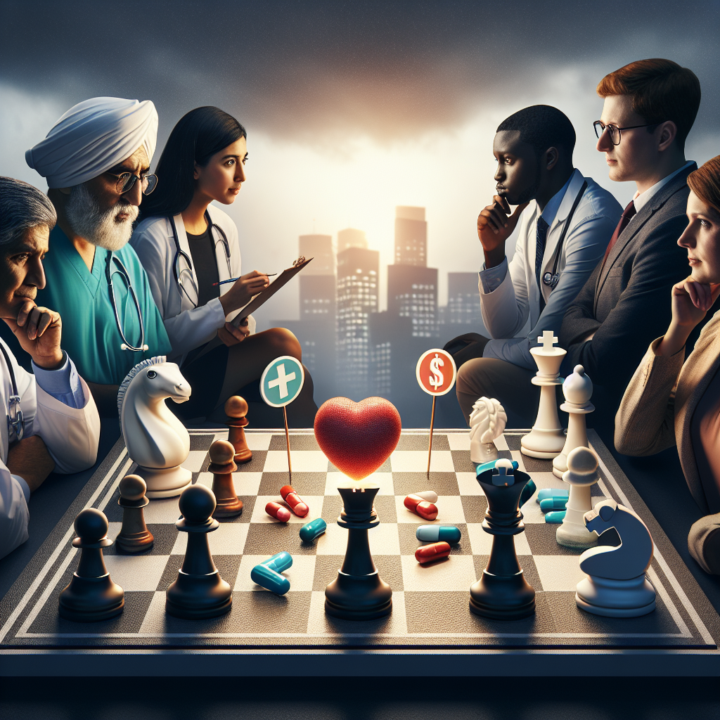 Visualize a metaphorical image of a diverse group of people – a Middle Eastern doctor, a South Asian healthcare advocate, a Caucasian insurance agent and a Black patient – strategizing on a large chessboard. The chess pieces should represent different aspects of the healthcare system such as pills for medication, a heart for patient care, a stethoscope for doctors, and dollar signs for insurance costs. The characters look determined and focused while they analyze the board, symbolizing their dedication to achieve affordable healthcare. In the background, softly lit, is a hospital, seemingly within reach.
