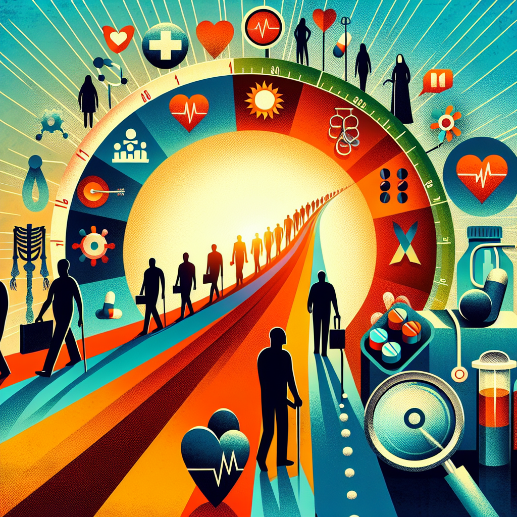 Create a symbolic image based on the theme of 'Major Health Updates'. Represent the concept of milestones with a path marked by notable signs or landmarks, and signify the idea of death with a setting sun. Show a diverse range of anonymous human figures on the path, each different in gender, age, and race, denoting the universality of health struggles and achievements. Use a balance of bright and dark colors to emphasize both the promise of progress and the shadow of mortality. Also, include some medical imagery such as stethoscope, heartbeats on a monitor, or pill bottles to signify health.