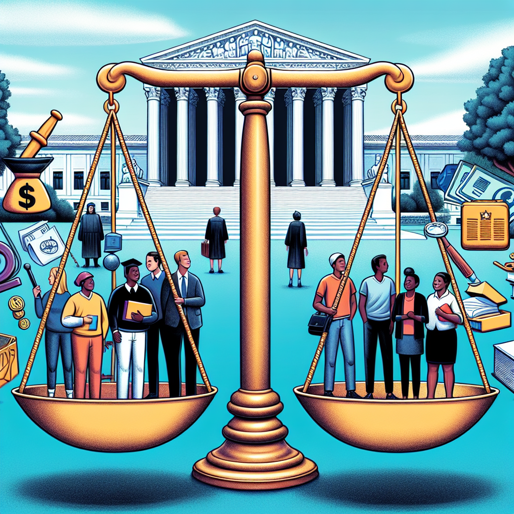 An illustrated scene of two groups standing on either sides of a large scale. One group of people, representing students from diverse descents and genders, are on one side of the scale, holding symbols of various career paths like a stethoscope, a hard hat, and a book. The scales are tilted in their favor, signifying the court's decision. On the other side of the scale are symbols representing financial institutions like a bank building and dollar bills. In the background, the Supreme Court building is depicted. The words 'Affordable Repayment Options' float above the scene.
