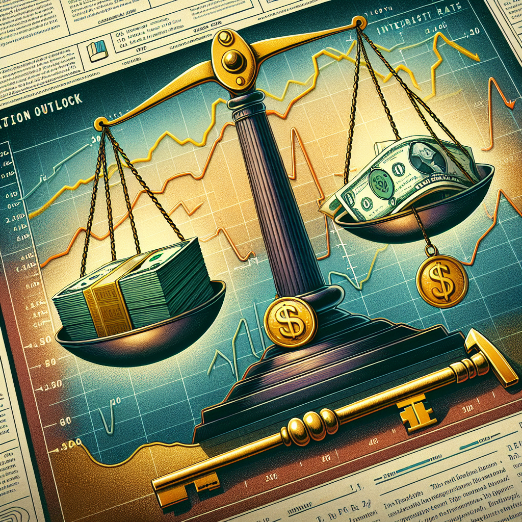 A conceptual illustration of the economics' theme with a pair of scales on one end of which lies a bundle of dollars, symbolizing inflation, and on the other, a golden key, symbolizing the Federal Reserve's key interest rates. The background depicting a diagram of rising and falling lines, representing fluctuating economic charts. A title banner at the top reads 'Inflation Outlook'. It's all placed within a stylized newspaper layout context, with a section for other news snippets or articles blurred out at the sides.