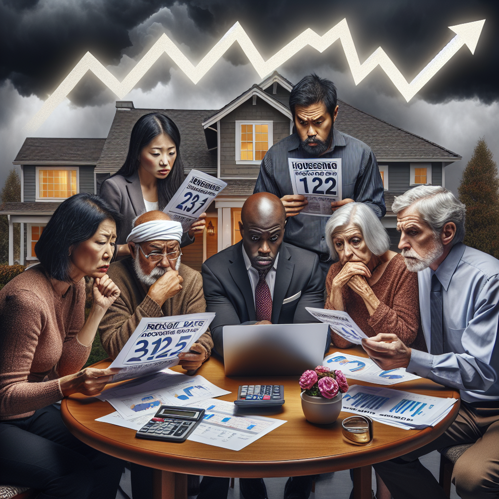 An ensemble of diverse individuals - an Asian woman, a Black man, a Middle-Eastern senior, and a Caucasian couple - anxiously reviewing housing brochures that display increasing numbers denoting rising mortgage rates. They are seated around a circular table laden with papers, calculators, and a laptop displaying graphs related to the US housing market. In the background, a well-lit suburban house with a for sale sign, denotes the situation. Above hovers a stormy cloud, symbolizing the housing market crisis.