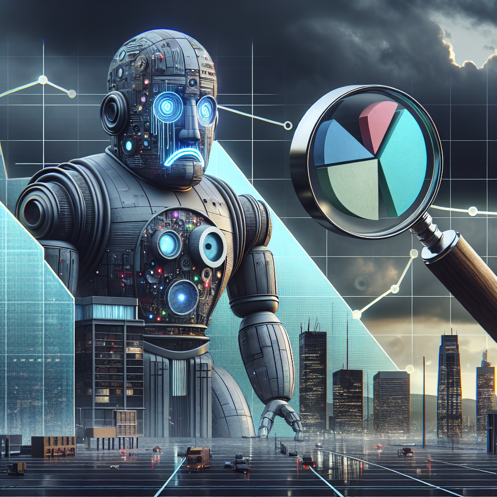 Visualize a symbolic representation of technology giants facing colossal challenges. Create an image of a giant, futuristic robot emblematic of tech corporations. The robot with a worried look on its digital face and its large body composed of various tech elements like circuits, gears, and screens. Beside it, a chart with a downward trend symbolizes layoffs, and a magnifying glass hovering over the chart to signify an investigation into the issue. The background can showcase a city skyline hinting at the global scale of the issue. Render this scene under a melancholic, cloudy sky to evoke a sense of concern.