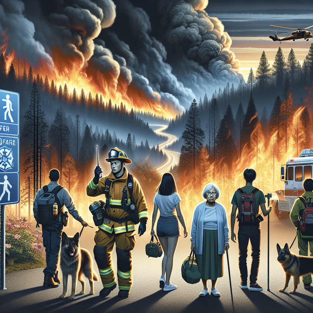 A dramatic landscape of wildfire spreading across a forest with towering flames and a billowing smoke cloud against an evening sky. In the foreground, a diverse set of people - an Asian female firefighter dressed in protective gear, a black male civilian with a survival backpack, a Middle Eastern elderly woman with a three-legged dog, and a Hispanic teenage boy with a walkie-talkie - evacuating safely. On the side, a signpost showing directions to a safety zone, and an infographic illustrating best safety strategies during wildfire emergencies.