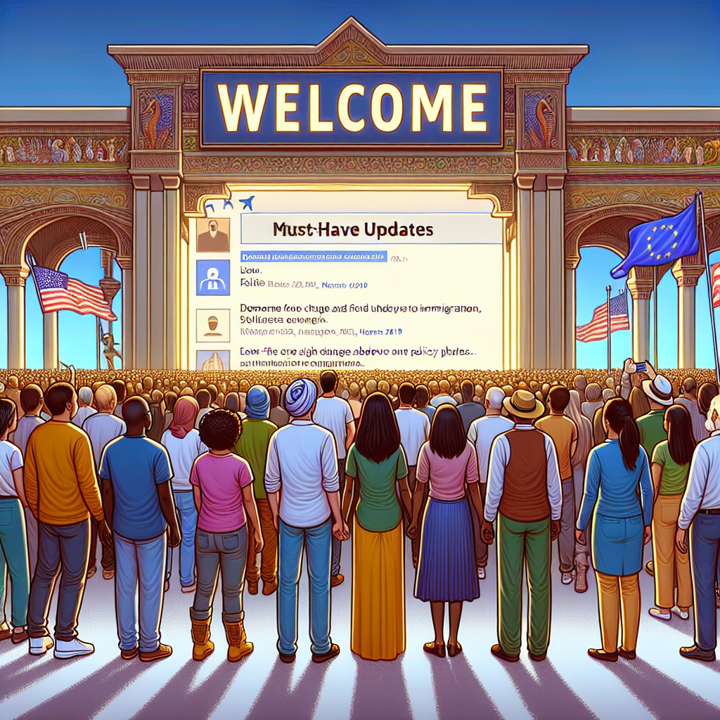 Create a detailed illustration showcasing a group of diverse people from different descents such as Caucasian, Hispanic, Black, Middle-Eastern, and South Asian, standing together at a large, welcoming gateway with a large sign saying 'Welcome' overhead. The scene should convey hope and optimism. Also include a few elements symbolizing policy changes such as scrolls, pens, and laws iconography. To represent the 'Must-Have Updates' part, incorporate a digital tablet displaying a news update about immigration policy. Use vibrant colors to accentuate the optimistic outlook.