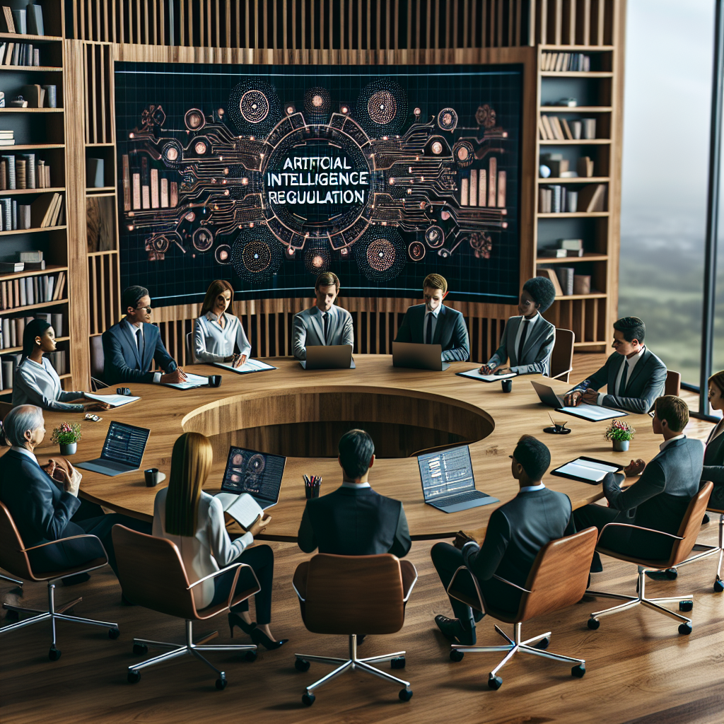 A modern-themed image depicting a conference room with a large wooden round table. Around the table, there are people of different genders and descents, such as Hispanic, Caucasian, Black, Middle-Eastern, and South-Asian. They are engaged in a serious discussion, with laptops, papers, and digital tablets in front of them. Displayed on a large screen in the background is the phrase 'Artificial Intelligence Regulation'. Adding to the atmosphere, an array of books and documents related to AI and policy-making can be seen in the background.