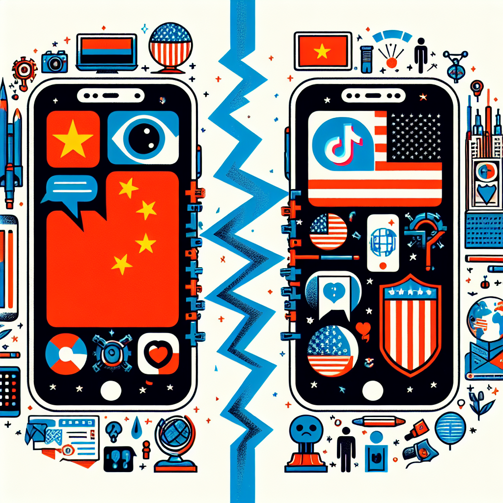 An illustration visualizing the concept of tech tensions between two illustrated countries, represented by symbols often associated with China and the United States. The tension is shown by a broken tech wire between the two countries. On the one side of the wire is a large mobile phone screen with the TikTok logo, representing the ban. On the other side, there are various illustrations of potential solutions such as technology icons, symbols representing free speech and a shield indicating security.