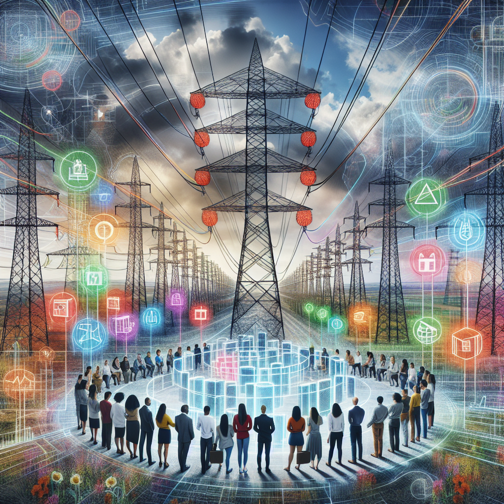 Visual depiction of an intricate grid of multicolored power line towers stretching across a vast landscape, symbolizing the national power grid. Within this grid, some towers are overlaid with red crosses, indicating failure points. Nearby, a group of diverse people of different descents such as Caucasian, Hispanic, Black, Middle-Eastern, South Asian, and White, comprising of both men and women, are brainstorming ideas. They are gathered around a holographic display projecting simplified solutions for the power grid like solar panels, wind turbines, and energy storage cubes. The sky above them transitions from a dark, stormy scene to a bright, clear day, reflecting the change brought about by their ideas.