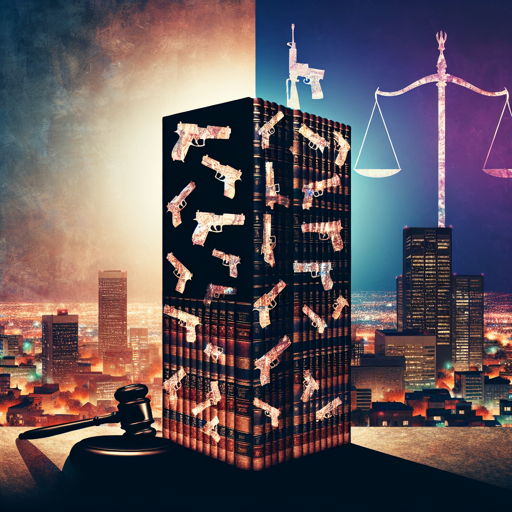 An abstract depiction of the issue of gun violence. Imagine a split illustration. On one side, visualize a densely populated urban setting, representing a city at night with several ominous shadows. Firearm icons are subtly embedded within the shadows to represent hidden gun violence. On the other side, there is a towering structure of law books stack, a gavel on top, representing Federal Legislation. They are illuminated, casting a hopeful glow toward the city half. Overlay the scene with a semi-transparent banner reading 'Safety' in bold, elegant letters.