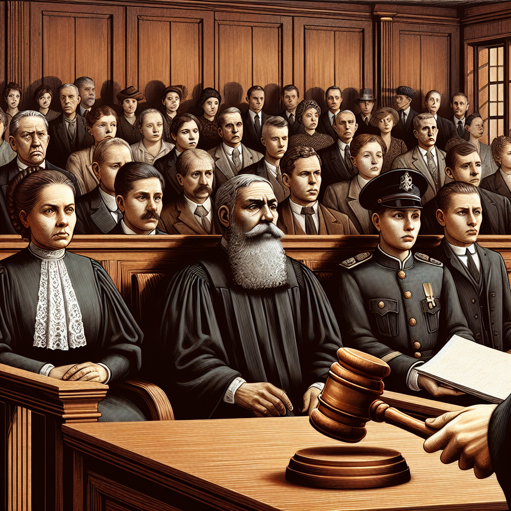 Illustration of an antique, wooden courtroom. A diverse group of people, who represent all genders and descents, solemnly waiting for a decision. The focus is on three main elements: A judge, who is a Middle-Eastern woman, dressed in traditional black robes sitting behind a bench. The bailiff, a Hispanic man in a uniform, holding a paper-scroll. Lastly, an Old wooden gavel seen mid-air, indicating it is about to strike the block. The background shows observers attentively watching the scene. This is a symbolic representation of a highly-publicized criminal trial decision.