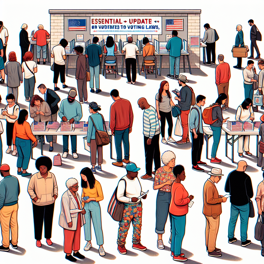 An illustrator's depiction of an average urban polling station bustling with activity. People of various ethnicities, ages, and genders - Hispanic, Caucasian, Black, Asian, Middle-Eastern, young adults, older adults, men, women, non-binary individuals - are seen participating in the process of democracy. Some are queuing, others are casting their votes or are in conversation. A few are seen holding informative brochures about the voting law changes. Overhead, a banner announces 'Essential Updates to Voting Laws'. This image does not feature any politicians or specific individuals, focusing instead on the community aspect of the voting process.