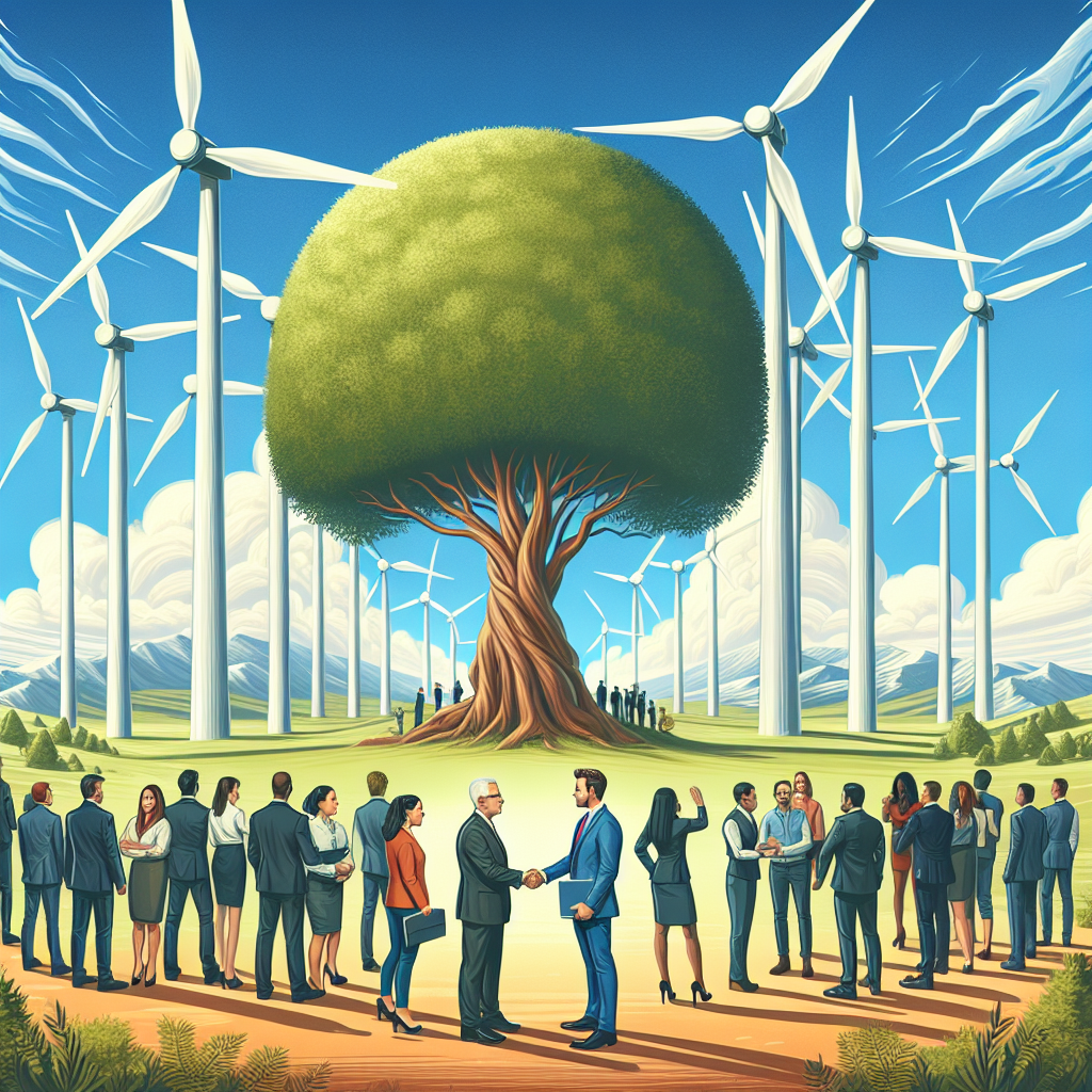 Illustrate a powerful scene that represents the concept of clean energy investments and climate legislation. This could be a balanced composition where two main elements symbolize these themes: on one side, enormous wind turbines standing majestically against a clear blue sky, symbolizing the pursuit of renewable resources. On the other side, diverse group of people, such as a Hispanic female legislator and a Caucasian male investor shaking hands, signifying the collaboration between lawmakers and investors for climate legislation. Placed between these two elements, an enormous tree, indicative of a healthy environment that the legislation aims to protect.