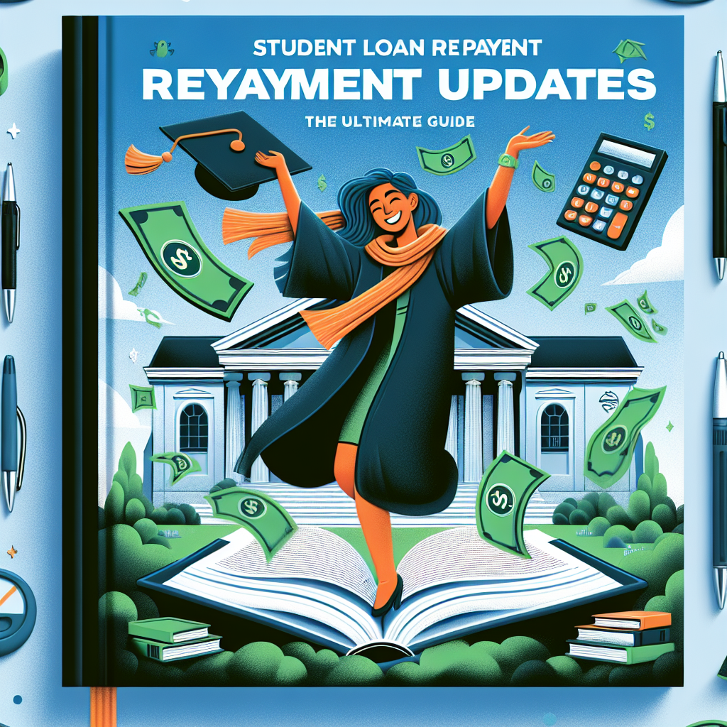 A detailed image of a book cover with the title 'Student Loan Repayment Updates: The Ultimate Guide'. The cover design should feature an illustration of a female South Asian graduate happily throwing her graduation cap in the air, with money symbols and calculators floating around, depicting financial literacy. The background shows a row of iconic academic buildings suggestive of a university campus. The color scheme is vibrant yet professional, with dominant tones of blue and green.
