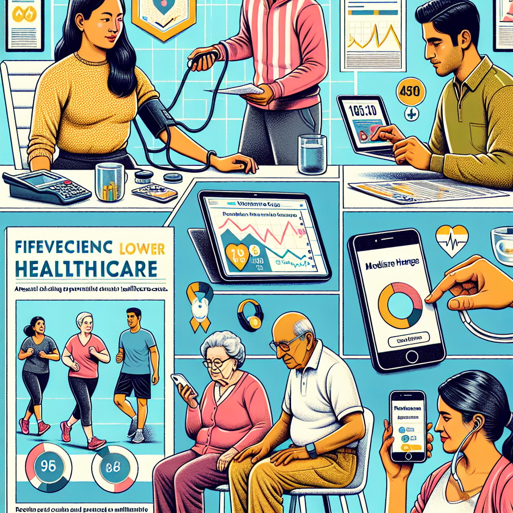 A detailed illustration depicting a variety of individuals of different genders and descents engaging in efficient healthcare practices as a result of Medicare changes. There's a South Asian woman checking her blood pressure at home, a Hispanic man consulting a telehealth service on his laptop, a Caucasian elderly couple reading a brochure on preventive healthcare, and a Middle Eastern young man exercising in a park with wearable tech monitoring his health stats.   Phones, brochures or screens display charts indicating lower healthcare costs. The overall tone of the composition should convey a sense of calm control and satisfaction over their healthcare expenses.