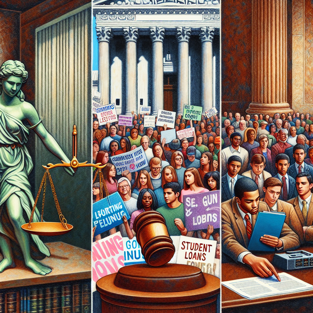 A detailed image capturing three distinct sections, each representing a different societal topic. The first section portrays a balance scale in a courtroom, symbolizing the evaluation and decision-making process involved in abortion cases. The second section shows clearly labeled, diverse people engaged in a peaceful protest, with placards hinting towards changing gun laws. The third section depicts a multicultural group of students, both male and female, scrutinizing a document symbolizing student loans, seated at a table with a gavel. The background should be an impressionistic representation of the US Supreme Court building.