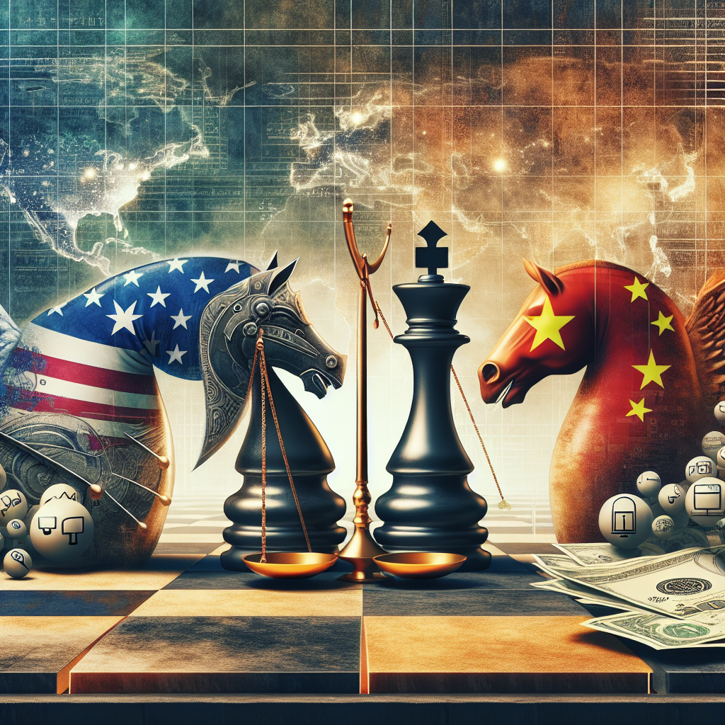 An abstract concept illustration showing delicate negotiation between two chess pieces, each representing tech logos; one with a design indicative of United States tech companies, the other symbolizing Chinese tech firms. The pieces a knight and a bishop, symbolizing the strategy and diplomacy involved in tech industry discussions. In the background, a faintly visible world map further signifies the global impact. A golden scale in the middle suggests the delicate balance of power, and some text bubbles with censored sign, highlights the topic of application bans.