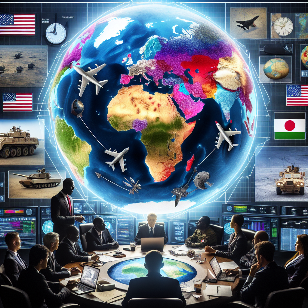 A visual representation showing a strategy map for international security, with emphasis on US military aid to global conflicts. This image should include a globe, with various colors indicating different levels of conflict. The US is shown visually providing aid in the form of military equipment like armored vehicles, aircraft and communication devices, symbolically indicated with arrows. In the background, there could be human figures discussing strategies inside a war room, decorated with war-related artefacts like strategic maps, radios and planning tools. The human representation should encapsulate a mixed gender group with a combination of women and men from various descents like Caucasian, Hispanic, Black, Middle-Eastern, South Asian.