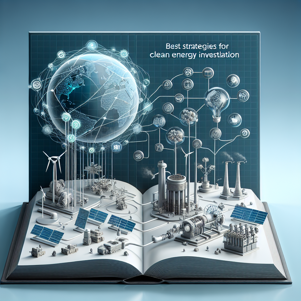 An illustrative image showing a complex diagram with multiple interconnected elements, symbolizing best strategies for clean energy investments. The scene is a detailed tableau, with various aspects including solar panels, wind turbines, thermal energy stations, and wave power converters, all connected via a network of sleek futuristic lines. This network is also linked to a book titled 'Climate Change Legislation', representing a metaphorical blueprint for such investment strategies. Subtle globe in the background, emphasizing the global necessity of such initiatives. Ensure the image conveys a sense of urgency, optimism, and sustainable change.