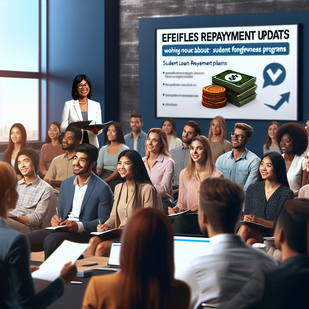 An image depicting a hopeful scene of a diverse group of young adults eagerly learning about student loan forgiveness programs. There's a meeting going on in a contemporary setting where a skilled finance advisor, a middle-aged South Asian woman, is conducting a presentation. A slide that highlights 'Effortless Repayment Updates' is projected on the screen. Among the audience, there are Caucasian male, Black female, Hispanic male, and Middle-Eastern female students. They are attentively taking notes and expressing relieved smiles as they discover more about these new relief plans.
