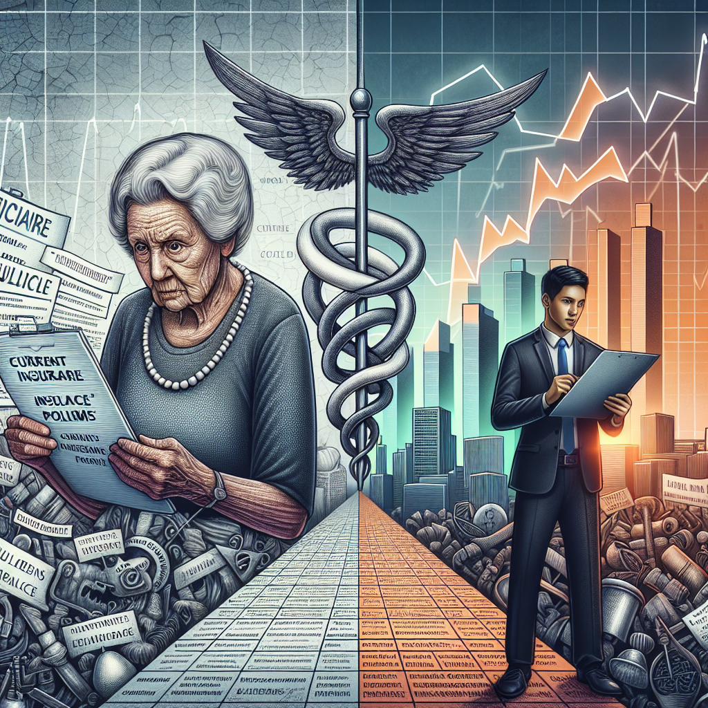 An abstract but visually insightful illustration representing the topic of Medicare changes and insurance reforms. The image depicts the duality of an elderly Caucasian woman on the left side, closely analysing a document representing 'current insurance policy', filled with complex and convoluted language. On the right side, a young South Asian man, perhaps a government official or healthcare expert, holds an embodiment of the 'new insurance policy'—a document bearing clear, comprehensible terms. A pathway illustrating 'effortless reforms' connects the preceding complex policy and latter simplified one. In the background, a bar chart showing decreasing healthcare costs provides a hopeful outlook.