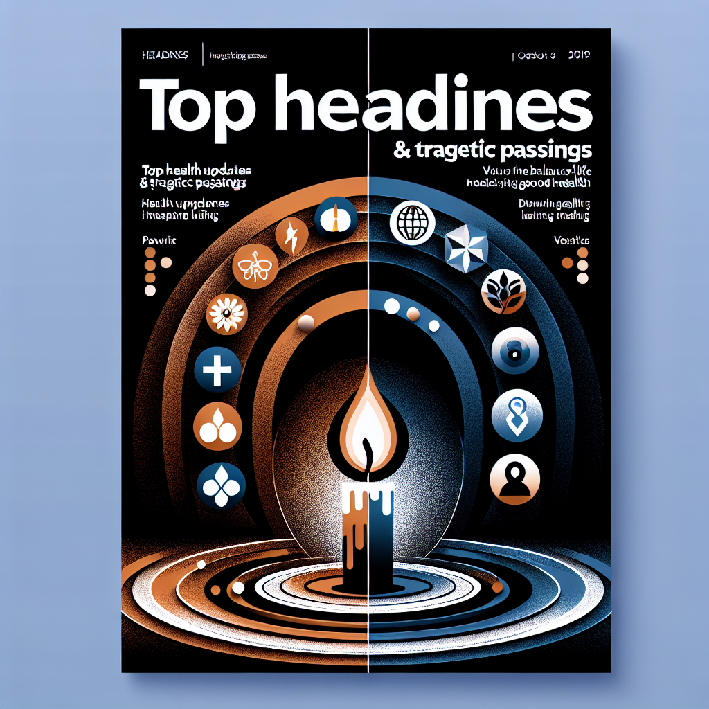 An informative article cover with top headlines, portraying abstract health icons signifying major health updates, and a symbol of a lit candle against a dark backdrop representing tragic passings. Visualize the balance of life by displaying good health and fitness symbols on one side, with a concept of mourning on the other. Display the words 'Top Health Updates & Tragic Passings' in captivating typography at the center.