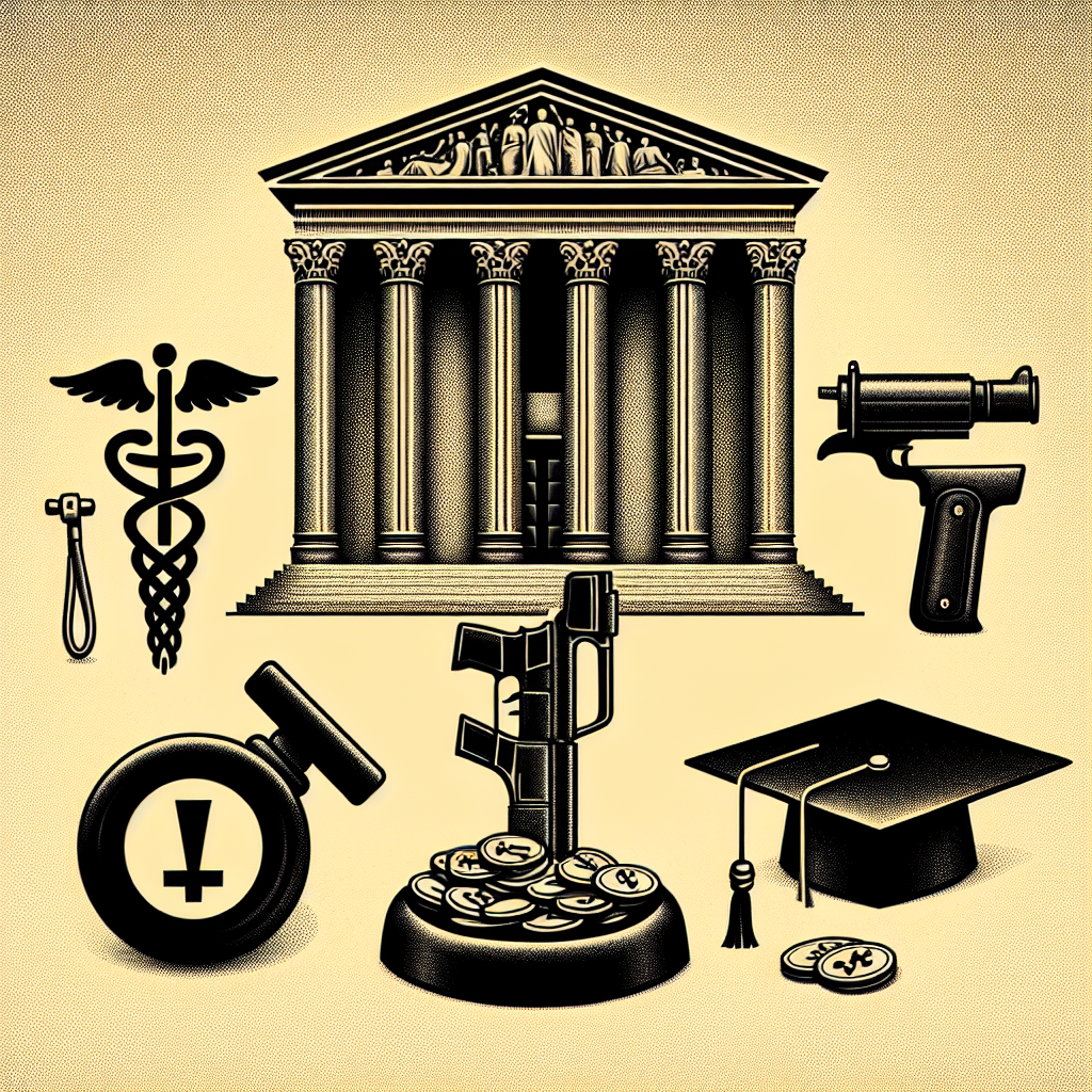 An image depicting the symbols representing three major societal issues: abortion, gun laws, and student loans, overshadowed by a large imposing, majestic structure, representative of a high court or a judicial body. The structure purely symbolizes law and order, and does not resemble any specific court building. For abortion, depict a medical symbol or a stethoscope, for gun laws, portray a gavel overlapping with a non-descript firearm and for student loans, illustrate a graduation cap next to a pile of coins. The image should relay the significant impact of the court's rulings on these subjects.